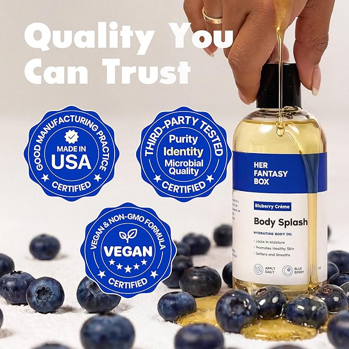 Her Fantasy Box | Body Splash Blueberry Crème Fragrance Oil – Fruity Creamy Berry Scent with Vanilla Sugar & Citrus Notes, Lightweight Hydrating Body Oil, Vegan & Cruelty Free