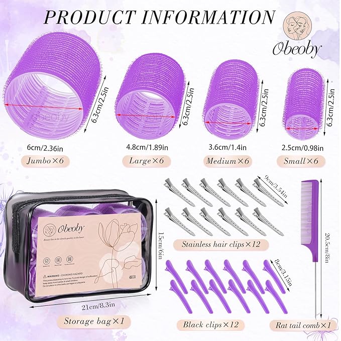 obeoby 4 Sizes Rollers Hair Curlers, 50 Pcs Set Jumbo Hair Rollers 25mm 36mm 48mm 60mm Self-Grip Hair Rollers with Clips, Curlers for Women Long, Short Hair and Bangs (Purple)