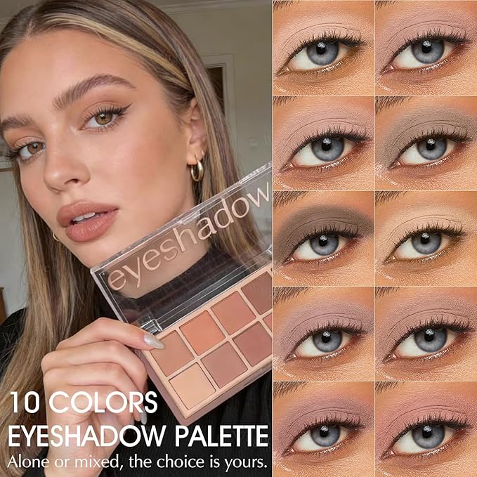 10 Colors Nude Eyeshadow Palette, Matte Beige Pink Brown Mauve Eye Shadow for Older Women, Long Lasting Blendable Smooth Versatile Natural Cream-to-Powder Eyeshadow Makeup with Brush Travel Kit