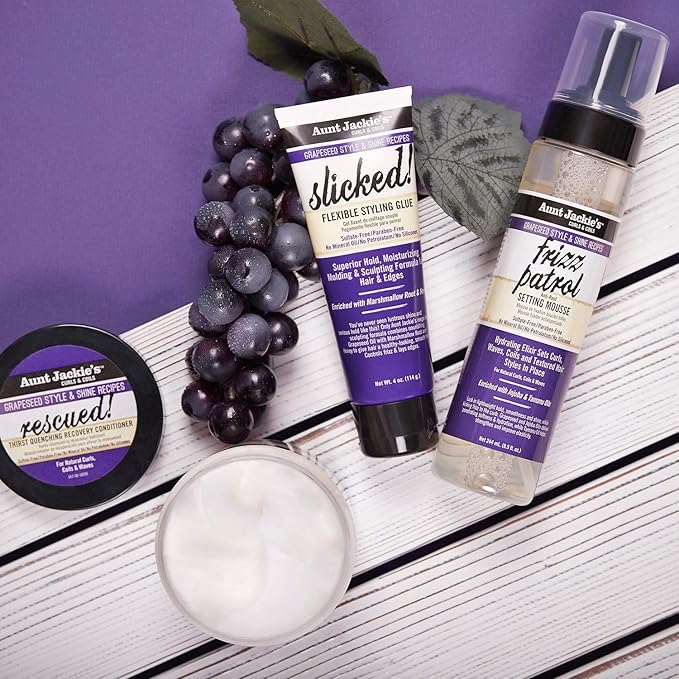 Aunt Jackie's Grapeseed Style and Shine Recipes Frizz Patrol Anti-Poof Setting Hair Mousse, Sets Curly Hair Styles in Place,Purple Fl.Oz 8.5 Ounce