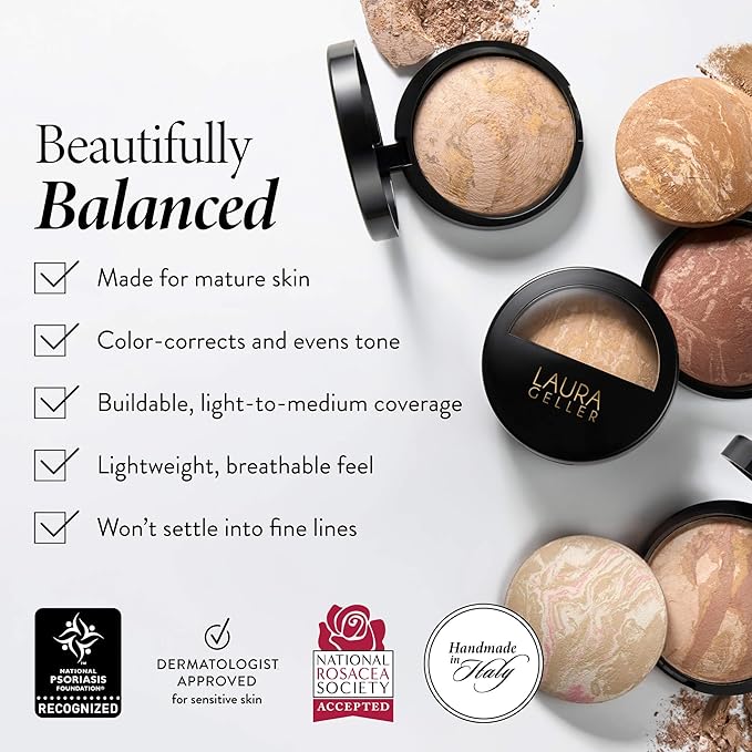 LAURA GELLER NEW YORK Award-Winning Baked Balance-n-Brighten Color Correcting Powder Foundation - Golden Medium - Buildable Light to Medium Coverage - Demi-Matte Natural Finish