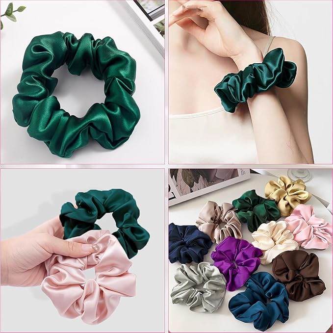 100% Pure Mulberry Silk Hair Scrunchies, 16 Momme Silk Scrunchies, Silk Hair Ties for Women Girls Curly Thick Thin Hair, Black Satin Sleep (4, 07 green)