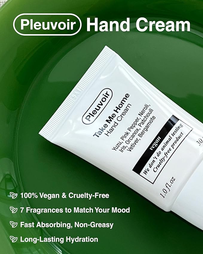 Pleuvoir Hinoki Leather Perfume Hand Cream for Men & Women, Spicy Woody Niche Fragrance with Japanese Cypress, Travel Size with 5 Hyaluronic Acids, Shea Butter & Jojoba Oil, Non-Greasy K-Beauty 1 oz