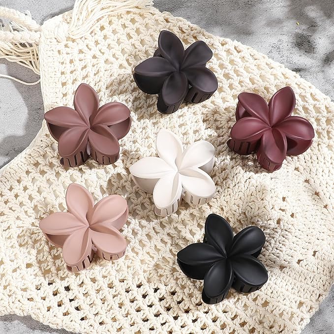 CHANDAT Flower Hair Clips 6 PCS Hawaiian Claw Clips for Vacation Hibiscus Hair Claw Cute Large Hair Clips for Thick and Thin Hair Plumeria Hair Accessories for Women Girls -Brown Scarlet