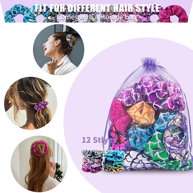 12 Pcs Scrunchies for Women, Shiny Metallic Scrunchies for Girls, Soft Elastic Hair Bands for Ponytail Holder, Fasion Scales Hair Tie Ropes for Teens Party Favorts(Mermaid Scales)
