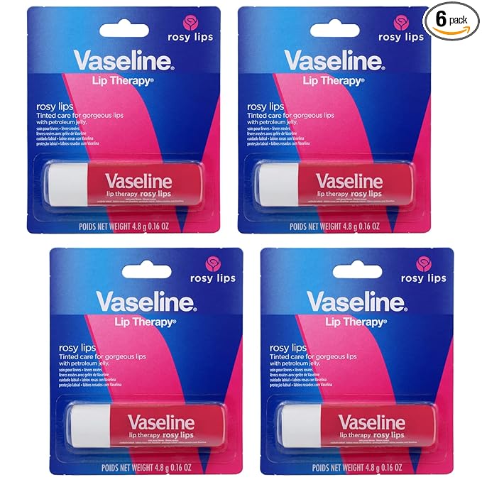 Vaseline Lip Therapy Care Rosy, Fast-Acting Nourishment, Ideal for Chapped, Dry, Cracked, or Damaged Lips, Lip Balm, 4-Pack, 0.16 Oz Each (Pack of 24)