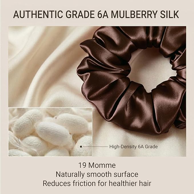 ZLYC 100% Mulberry Silk Hair Tie Scrunchie 19 Momme Gentle Creaseless Dent-Free Ponytail Holder for Women, 6cm Solid Coffee