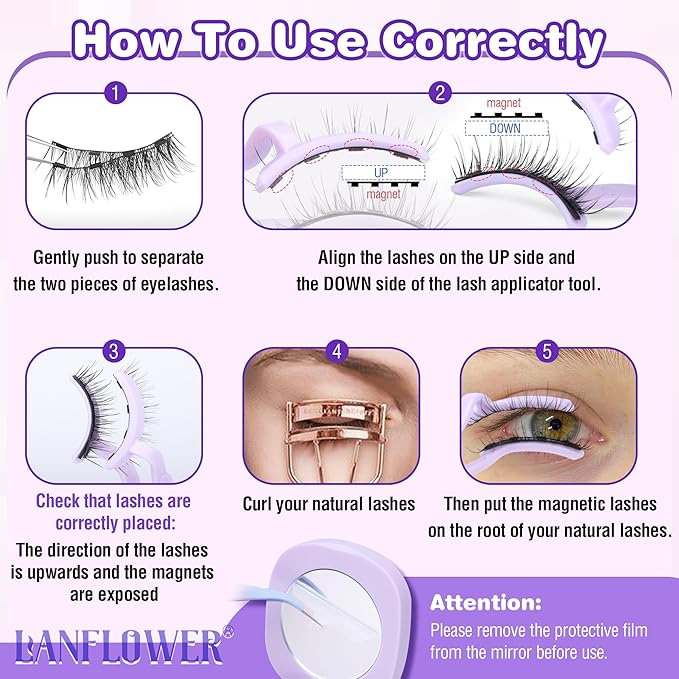 Lanflower Magnetic Eyelashes Natural Look, Reusable Magnetic Eyelashes with Applicator, No Need Glue Magnetic Lashes, Natural Wispy Cat Eye False Eyelashes with Magnets, Waterproof, Easy to Apply