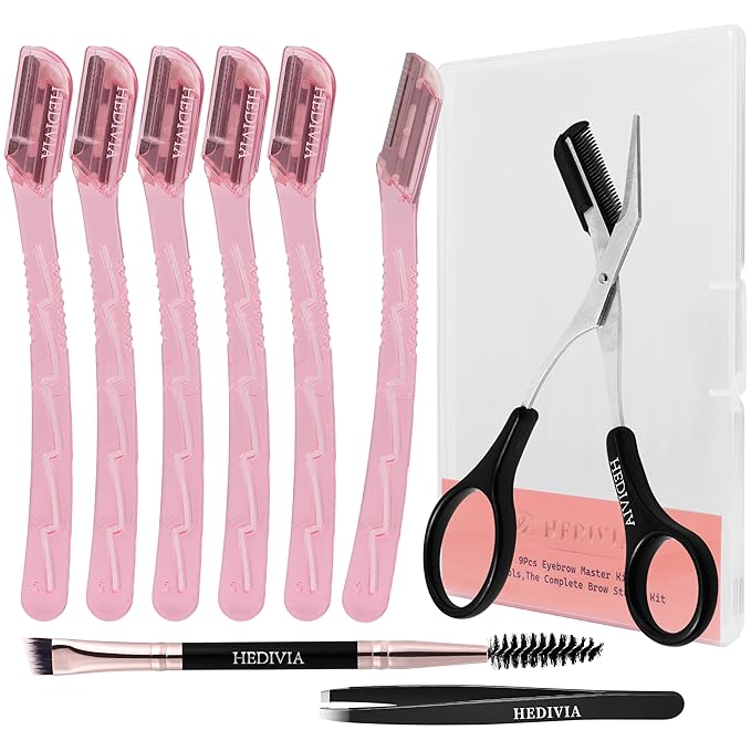 HEDVIA 9 Pcs Eyebrow Razor Kit for Women Shaping, Professional eyebrow Makeup Set with 6 Small Eyebrow Razors, 1 Eyebrow Scissors with Comb, 1Eyebrow Tweezers for Men, 1 Makeup Brushes(Pink Set)