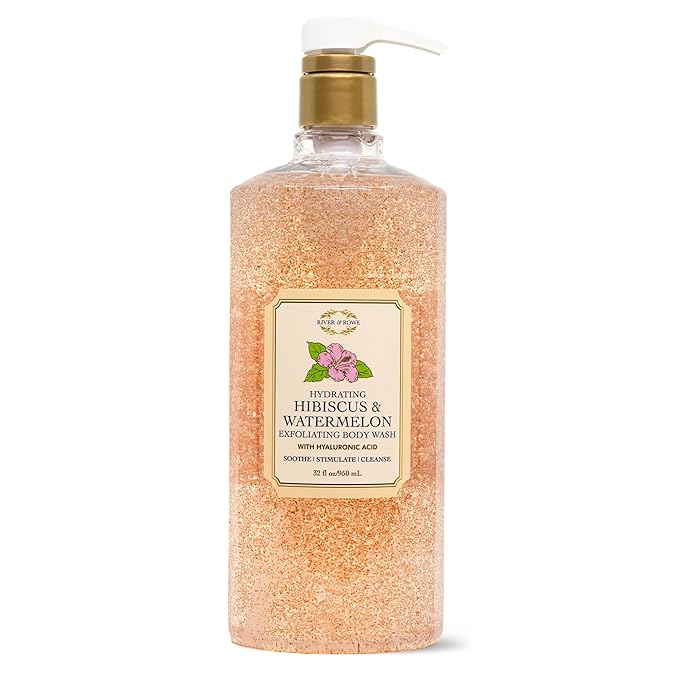 RIVER & ROWE Hibiscus & Watermelon Exfoliating Body Wash – Hydrating Daily Cleanser with Hyaluronic Acid for a Fresh & Comforting Skin Experience, Gentle Shower Gel for Women & Men, 33.8 Fl Oz