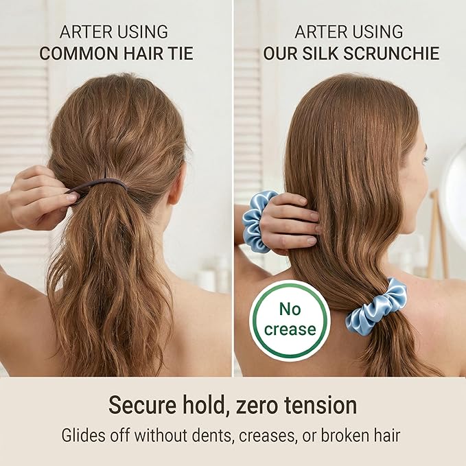 ZLYC 100% Mulberry Silk Scrunchie 19 Momme Gentle Creaseless Hair Tie for Women Dent-Free Ponytail Holder, 3.5cm Solid Dusty Blue