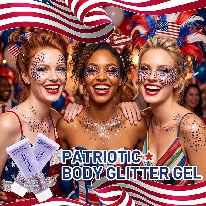 DAGEDA Red White Blue Body Face Glitter, 4th of July Outfits Accessories for Women, Patriotism Face Glitter Makeup, Fourth of July Patriotic Independence Day Hair Accessories Party Costumes（Star）
