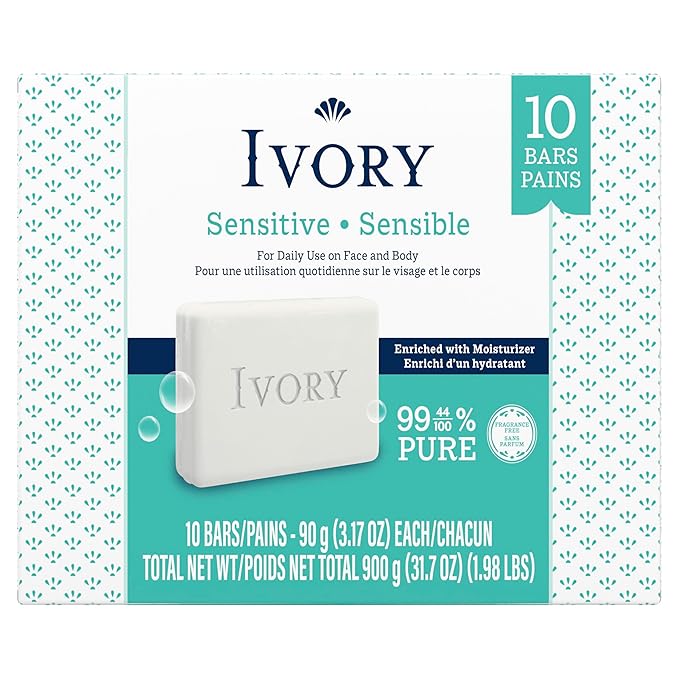 Ivory Sensitive Bar Soap, Designed for Whole Family, Fragrance Free, 99.44% Pure Formula, Plant-Based Cleanser, Made Without Heavy Perfume, Parabens, Phthalates, For All Skin Types, 3.17 oz (10 Count)