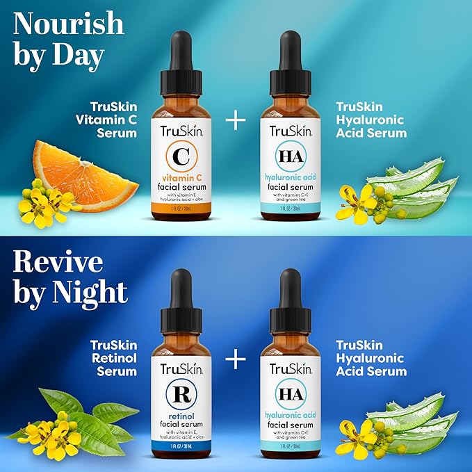 TruSkin Face Serum Trio - Vitamin C, Retinol & Hyaluronic Acid Anti-Aging Serums for Face - AM, PM & All-Day Skincare Routine - Brightening, Smoothing & Hydrating Facial Serums, 1 fl oz Each