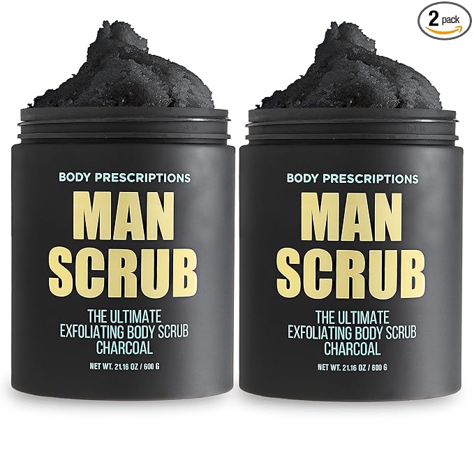 Body Prescriptions Men’s Exfoliating Body Scrub – Ultimate Skin Cleansing Wash in Jar with Twist-Top Lid, For All Skin Types, 21 Ounce (Pack of 2), Charcoal