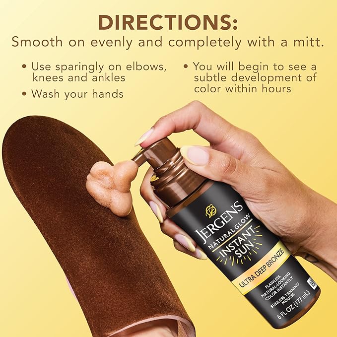 Jergens Natural Glow Instant Sun Body Mousse, Self Tanner for Ultra Deep Bronze Tan, Sunless Tanning Body Bronzer, Natural Looking Fake Tan, 6 Oz, Pack of 2