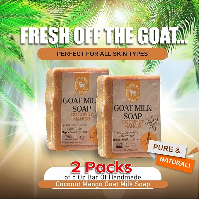 Honey Sweetie Acres 2-Pack Coco Mango Goat Milk Soap - Handmade 5 oz Bar, Made with Natural Ingredients, Moisturizing & Gentle, Made in the USA