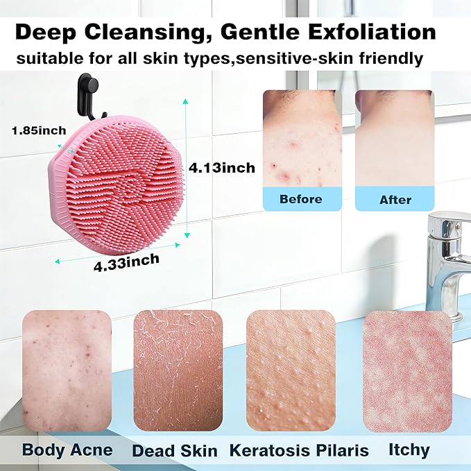 Silicone Body Scrubber for Men Women, Dual-Sided Bath Brushes Gentle Exfoliating Body Scrubber Scalp Massager for Deep Cleansing, Soft Silicone Loofah Body Washing Brushes (Pink)