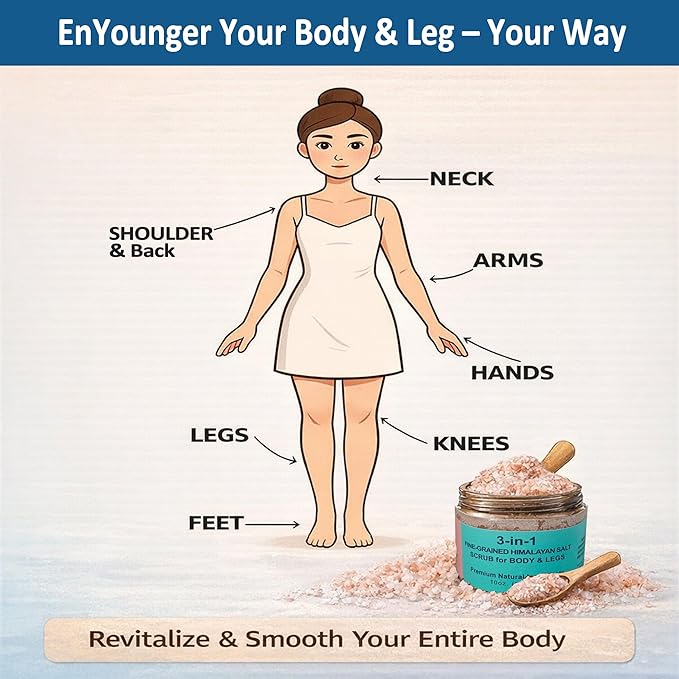 EnYounger™ 3-in-1 Fine-Grained Himalayan Salt Scrub for Body & Legs – Exfoliate/Smooth, Brighten & Hydrate Naturally (10 oz / 283 g)