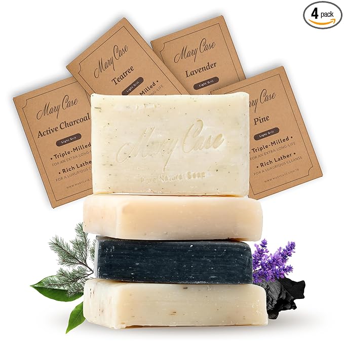 Mary Case Variety Bar Soap Set of 4 | Lavender, Tea Tree, Pine Tar & Charcoal Natural Soaps with Olive & Coconut Oils | Vegan Bath Soap for Men & Women | Hydrating & Nourishing Skin