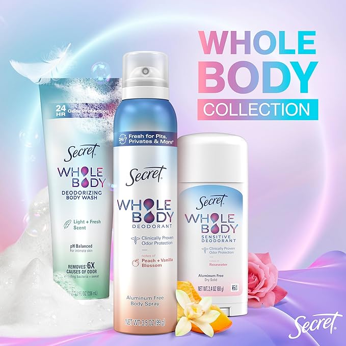 Secret Whole Body Deodorant Spray for Women, Travel Size, Peach & Vanilla Blossom Scent, Aluminum Free Deodorant, 72 HR Odor Protection, 1.0 oz