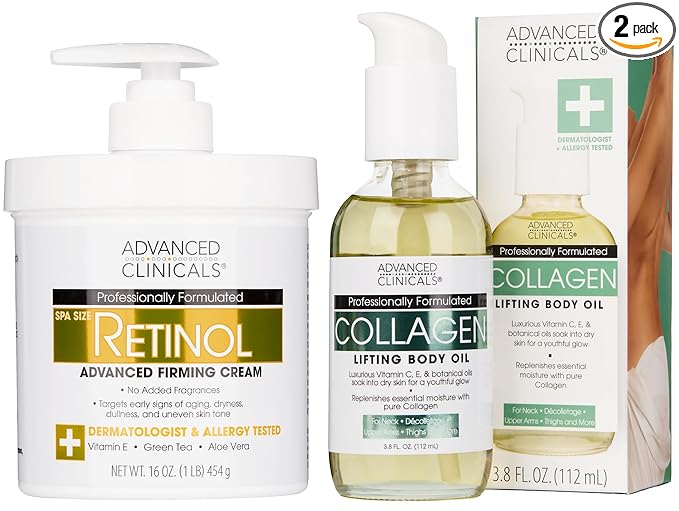 Advanced Clinicals Retinol Body Lotion + Collagen Body Oil 2pc Skincare Set For Women & Men | Fragrance Free Retinol Lotion + Collagen Massage Body Oil To Improve Appearance Of Crepey Skin, 2pc Set