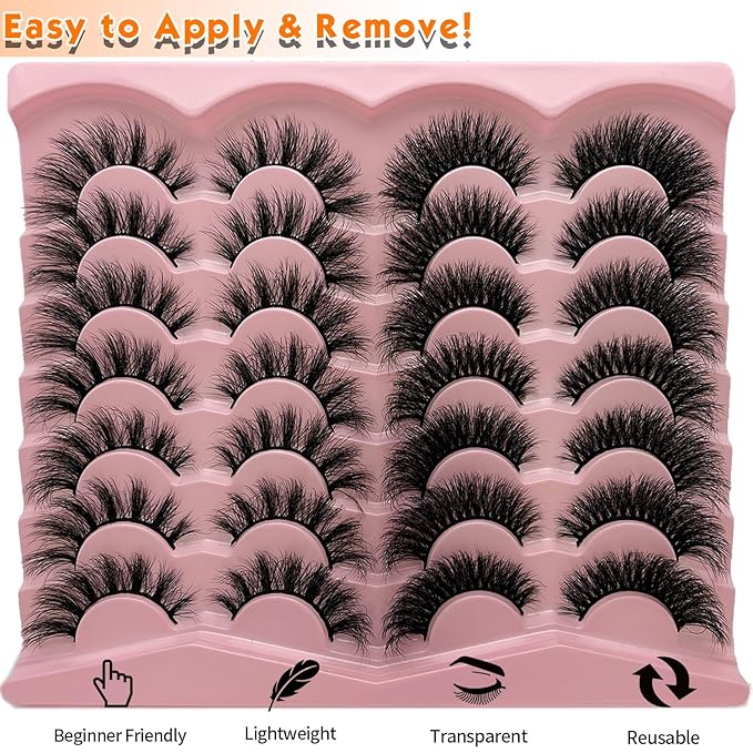 loladook Fluffy Lashes Mink Wispy Cat Eye Strip Lashes Natural Look 3D Faux Mink Eyelashes Pack C Curl Volume Soft False Eyelashes Multipack