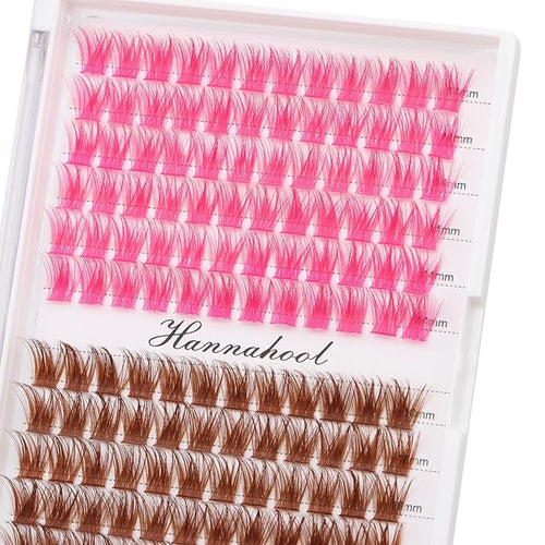 12rows-Large Tray Mixed 8-10-12-14-16mm/Mixed 14-15-16mm/Mixed14mm-16mm/Mixed 18-20mm Wide Stem Individual False Eyelashes Dramatic Black Cluster Eyelashes (T50-rose red -brown-14-16mm)