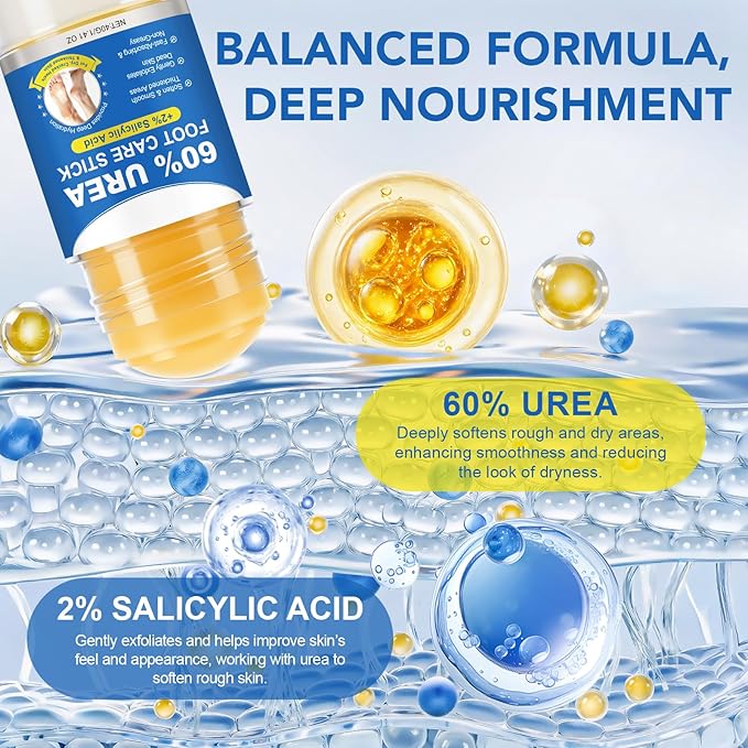 60% Urea with 2% Salicylic Acid Urea Foot Care Stick, Foot Cream for Dry Cracked Heels & Callus Care, Fast Absorbing Exfoliating Moisturizer for Feet, Hands, Knees, Heel Balm for Soft Skin (2 Pack)