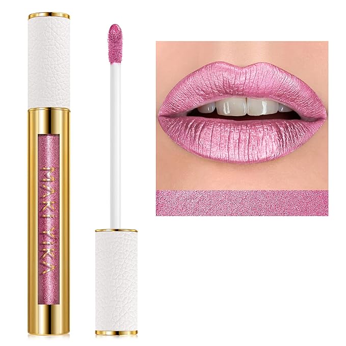 MAKI YIKA Pink Lipstick for Women Metallic Lipsticks for Mother Glitter Long Lasting Lipstick No Smudge No Transfer Liquid Lip Gloss (BR013 First Love)