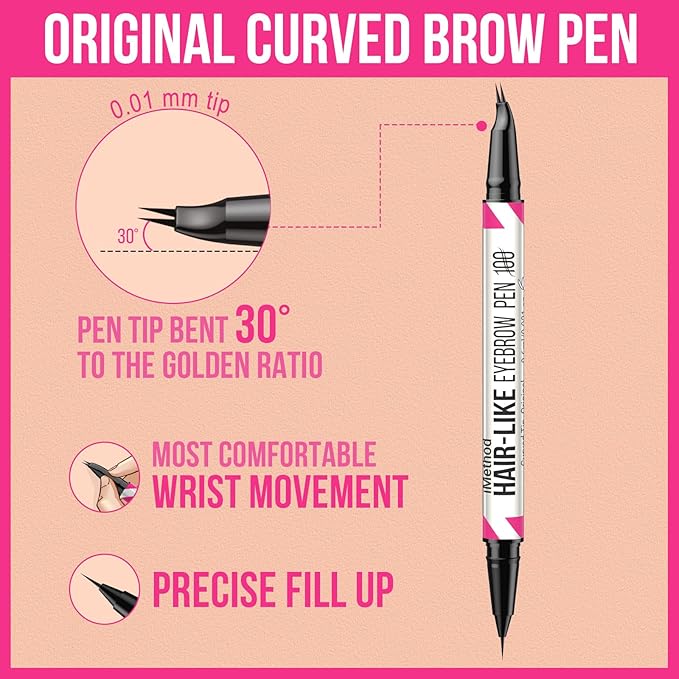 iMethod Curved Eyebrow Pen - 2-in-1 Dual-Ended Eyebrow Pencil with Curved Tip and Precise Brush-Tip, Microblading Pen for Natural Hair-Like Brows, Long Lasting, Black