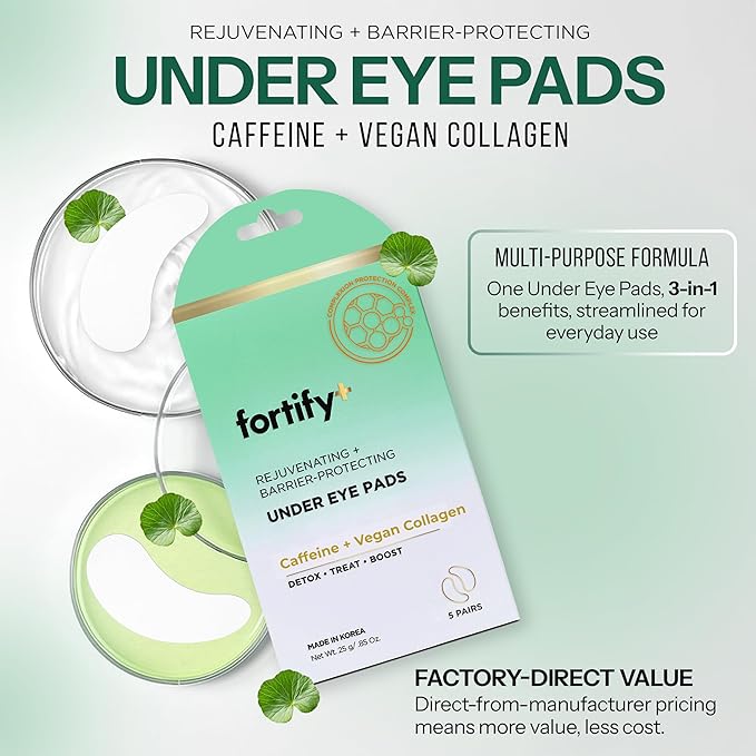 Fortify Skincare Under Eye Patches with Caffeine & Collagen – 3-in-1: Detox, Treat, Boost – Dermatologist Tested, Korean Skin Care – Depuffing Eye Pads for Wrinkles & Dark Circles – 5 Pairs