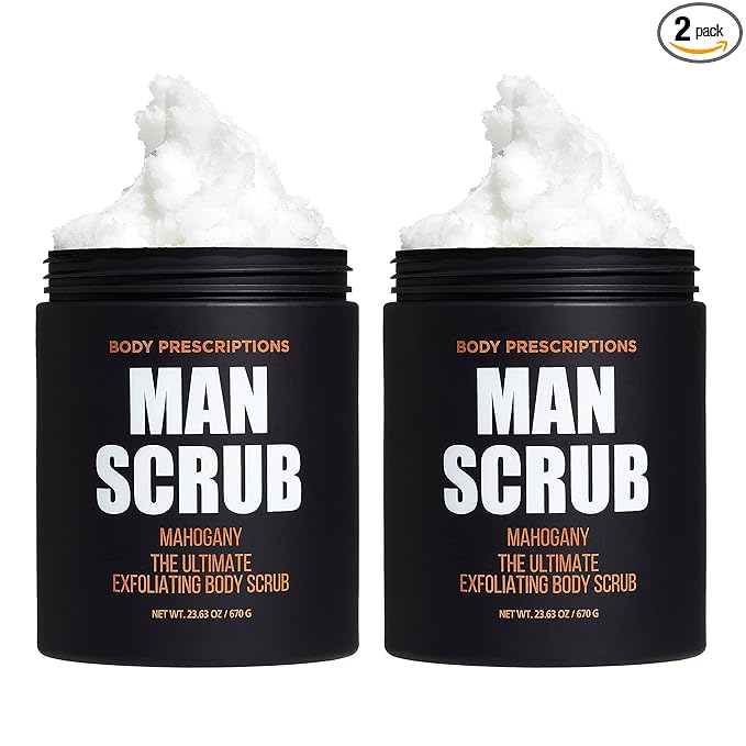 Body Prescriptions Men’s Exfoliating Body Scrub – Ultimate Skin Cleansing Wash in Jar with Twist-Top Lid, For All Skin Types, 21 Ounce (Pack of 2), Mahogany