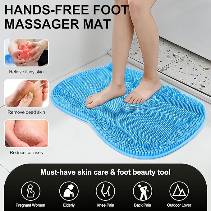 Bath Shower Foot Scrubber Mat - Silicone Shower Foot Scrubber Mat (XL) Cleaner Foot Toes Clean Pad Without Bending Non-Slip Suction Cups Bathroom mat 17.2 * 13 inch - Blue