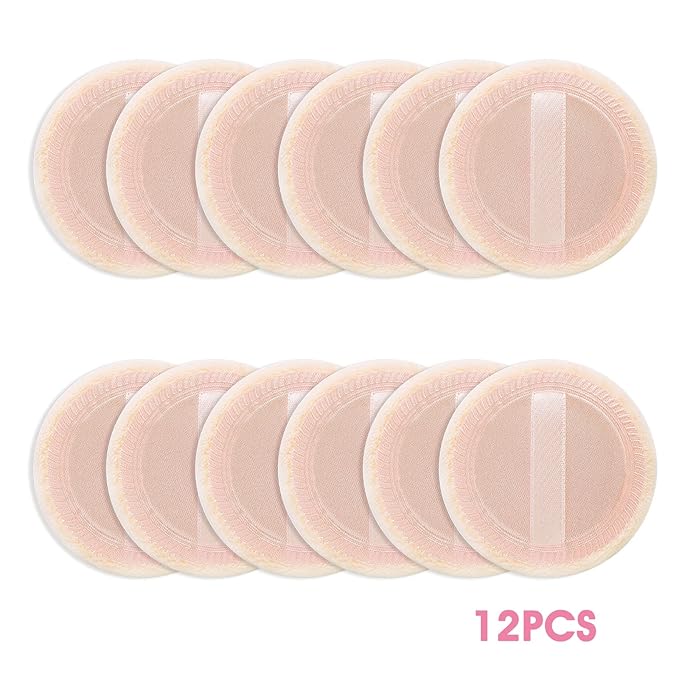 Sibba Loose Powder Make Up Puff 12 Pieces Round Velour Face Makeup Compact Body Container Setting Pressed Blending Foundation Cream Make Up Ribbon Strap Sponge Cushion Applicator (Skin Color)