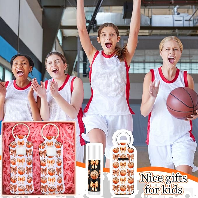 18 Sets Basketball Bow Party Favors Lip Balm and Holder Keychain Bulk Basketball Senior Night Party Supplies Goodie Bags Stuffers Lip Balm Pouch for Team Sports Coach Fans Friends Gifts