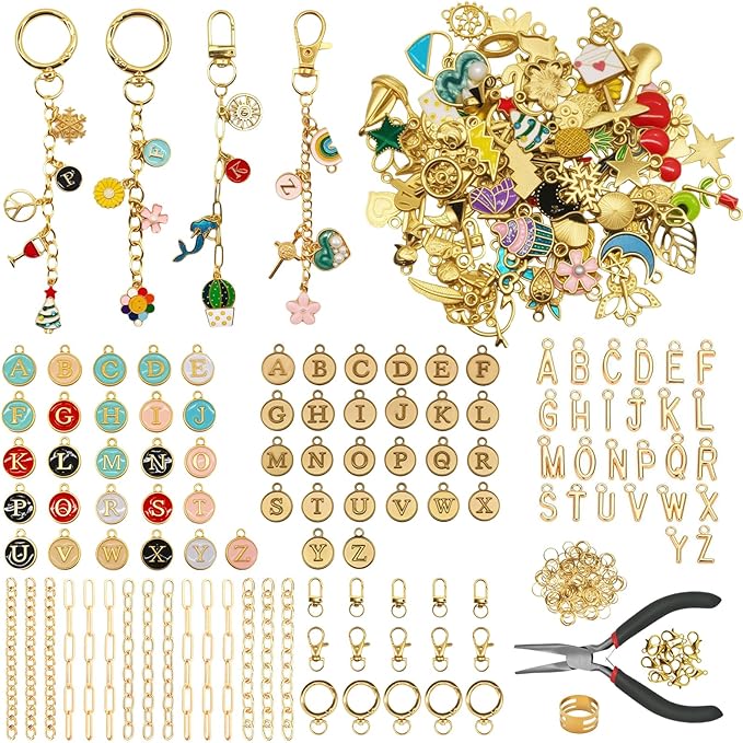 Aucscott Lipgloss Keychain Making Kit with Charms for Gilrs Adults, DIY Keychain Supplies Jewelry Craft Kits with A-Z Letter Charms for Custom Bag Phone Key Chain Lip Balm Earring Purse Handbag