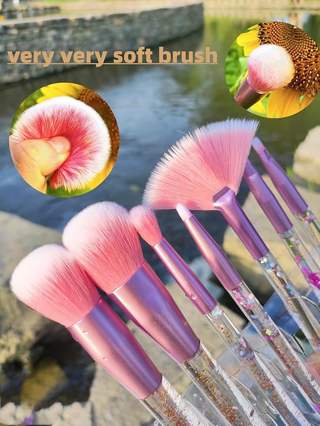 Sparkle Pink Makeup Brushes Set,Unicorn Glitter 7pc Foundation Blush Lip Nose Eyeshadow Eyebrow Loose Powder Fan Make Up Brushes Kit with Liquid for Kids Girls Teen Women Gift Present