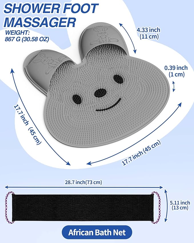 Manmihealth Rabbit-Shaped Silicone Foot Brush Mat for Shower with Non-Slip Suction Cups, Silicone Back Scrubber with Long-Handle, Shower Face Body Scrubber, Scalp Massager, Bath Sponge Net Set (Gray)