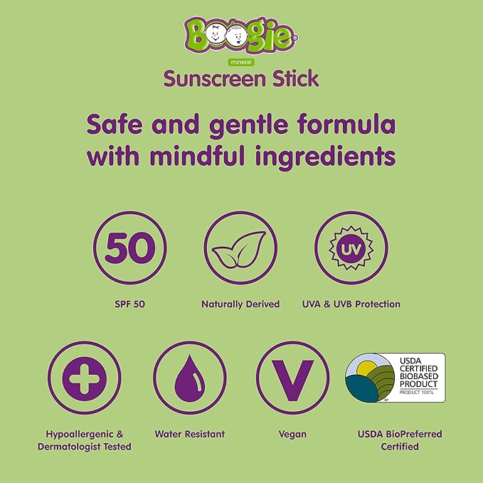 Boogie Mineral Sunscreen Stick SPF 50 - (2 Pack) 0.49 oz - Sunscreen for Kids - Broad Spectrum UVA & UVB Protection - Water Resistant - Hypoallergenic - 100% Naturally Derived Ingredients