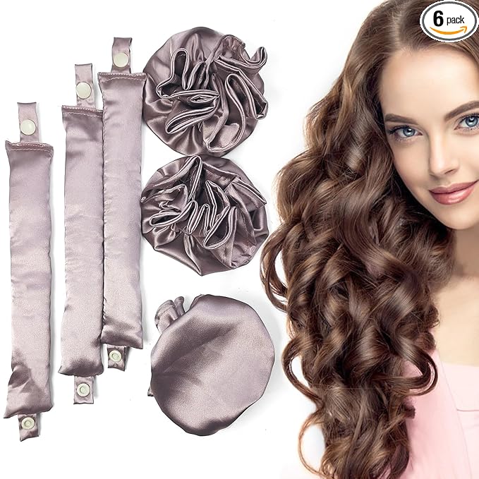 Satin Heatless Hair Curler 3Sets/6PCS, Soft Heatless Curling Rod Headband for All Hair Types (D-3Sets-Light Purple)