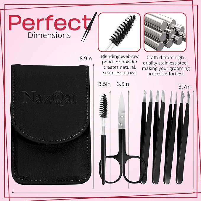 6-Piece Precision Eyebrow Tweezers for Women & Men - Professional Eyebrow & Facial Hair Grooming Kit with 4 Tweezers For Eyebrows, Eyebrow Scissors & Brush - Stainless Steel Tools in Leather Case