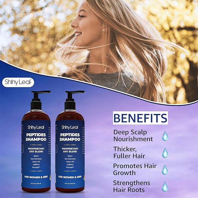 Shiny Leaf Peptide Shampoo for Hair Thinning - DHT Blocker with Biotin, Caffeine & Saw Palmetto - Sulfate Free Thickening Formula for Women & Men, Color Safe Shampoo for All Hair Types 16 oz (2 Pack)