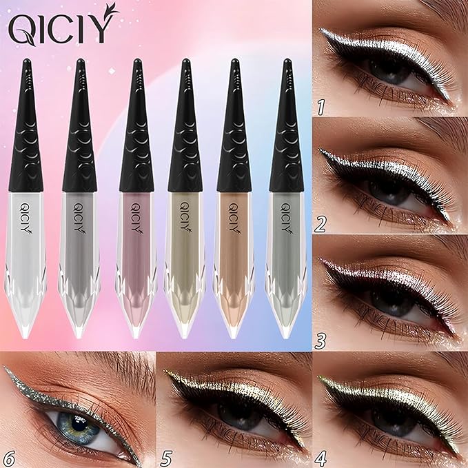 ADMD 6 Colors Liquid Glitter Eyeliner Set, Waterproof Shimmer Eyeshadow,Eyeliners Long Lasting Smudge Proof Makeup Kit