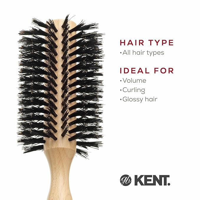Kent PF03 Round Boar Bristle Hair Brush with Nylon Bristle Mix, Round HairBrush for Blow Drying and Blowout, for Shoulder Length or Short Hair, Rubber Antifatigue Handle