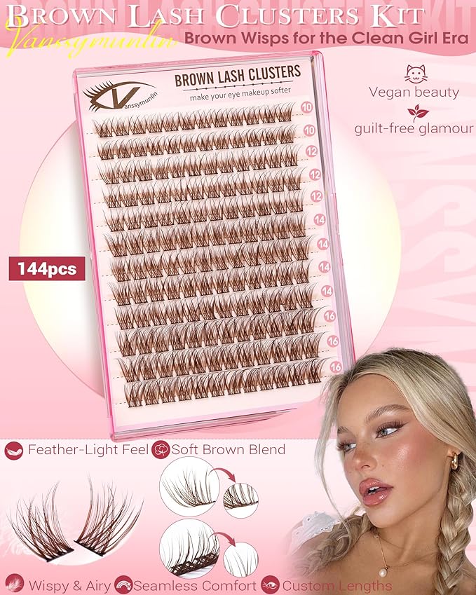 Brown Wispy Lash Clusters Natural Eyelashes Clusters Fairy Cluster Eyelash Extensions 10-16mm C Curl Lashes Dark Brown DIY Eyelash Clusters Waterproof Short Individual Lashes 144Pcs