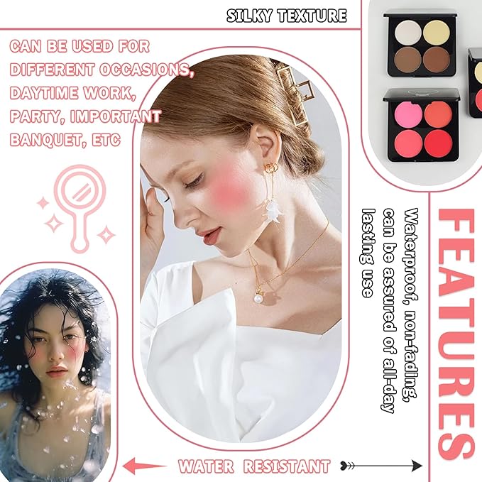 4 Colors Blush Palette for Cheeks with Make Up Brush,Face Matte Contour Blush Makeup Palette,Buildable Shimmer Facial Cheek Blusher Shades,Blendable Cosmetic Makeup Blush