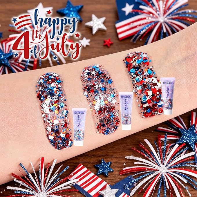 DAGEDA Red White Blue Body Face Glitter, 4th of July Outfits Accessories for Women, Patriotism Face Glitter Makeup, Fourth of July Patriotic Independence Day Hair Accessories Party Costumes（Strip）