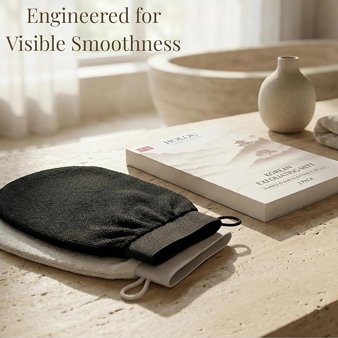 Korean Exfoliating Mitt & Exfoliating Glove 2 Pack – Dual Density Body Scrub Gloves & Dead Skin Remover for Body, Kessa Glove, Exfoliating Mitt for Body – Holou