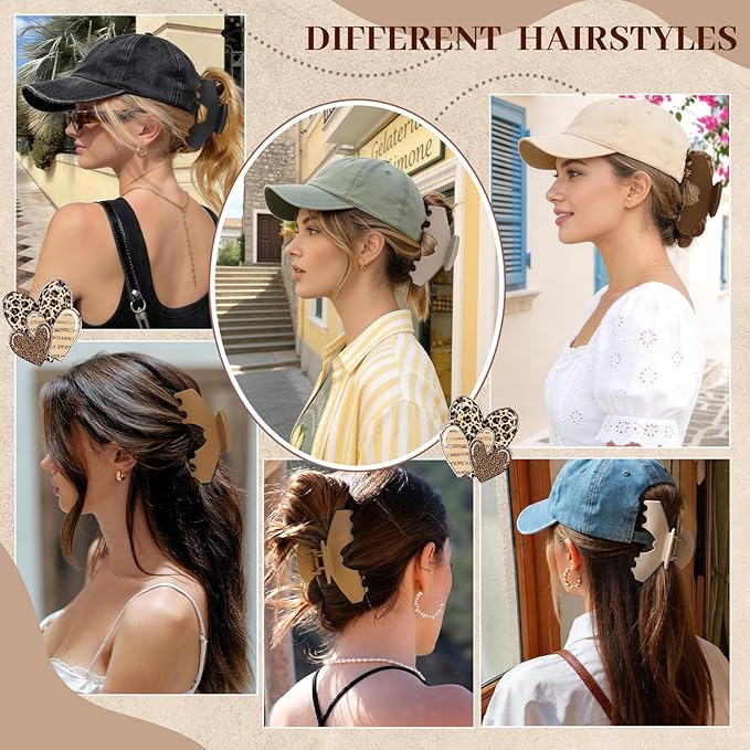 4 PCS Hat Claw Clip for Women - Hat-Friendly Claw Clip for Baseball Caps, Adjustable Trucker Hat Hair Clips for Thick Thin Hair, Large Hat Claw Clips for Gym Beach Holiday Outing, Brown